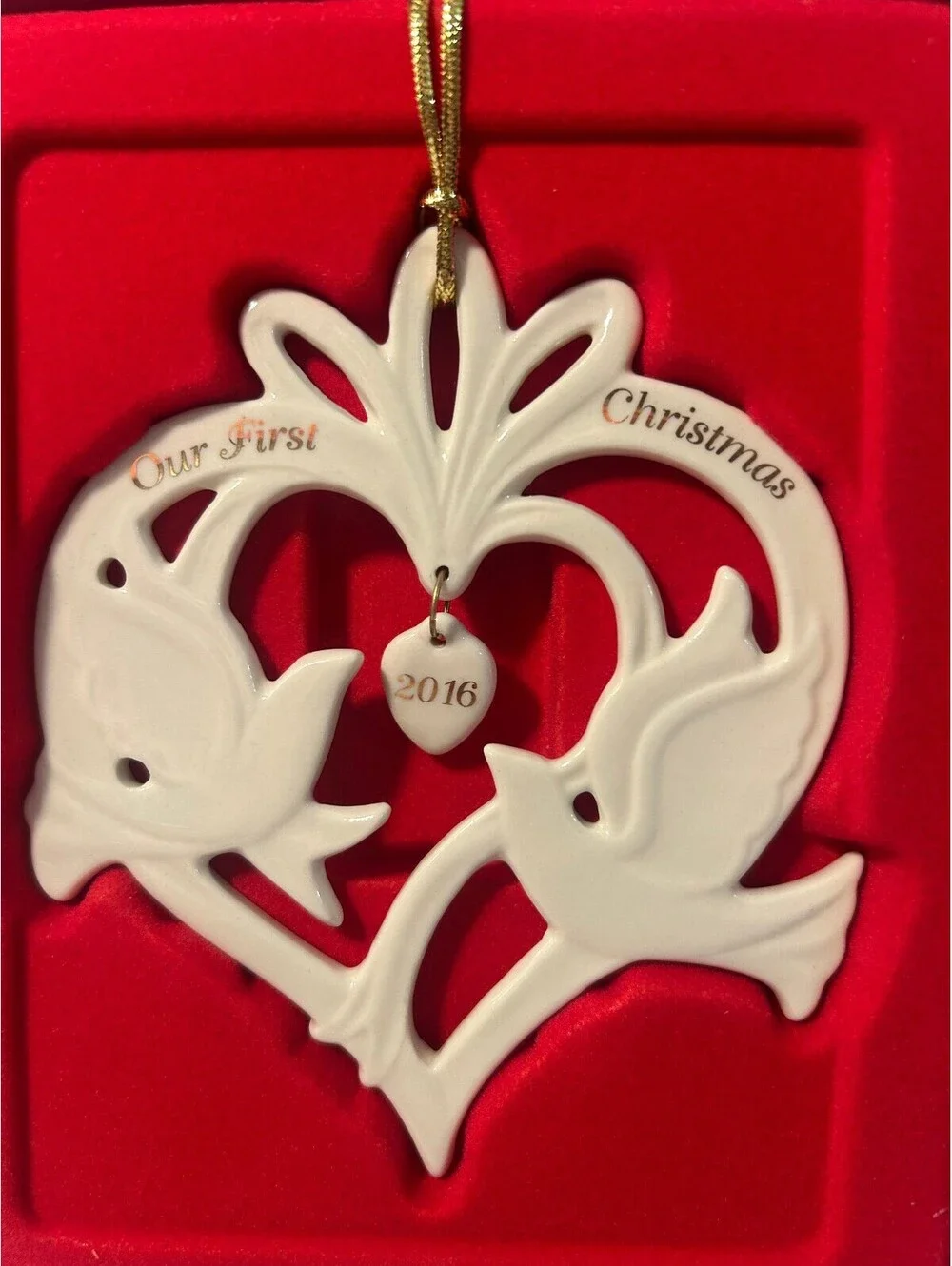 Lenox Ornament Our First Christmas 2016, Original Box Porcelain Doves Heart